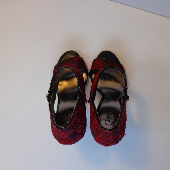 Carlos Women's Red Black Embroidered High Heel Leather Sandal with‎ Zip Size 7M - Picture 5 of 9